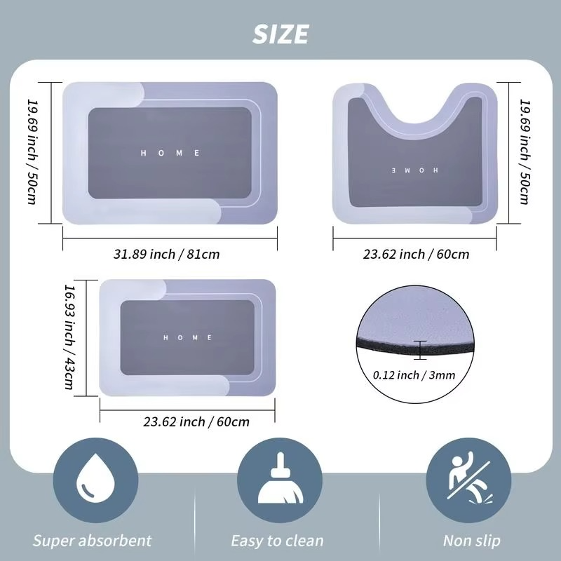🔥3-Piece Anti-Slip Bathroom Mat Set – Quick-Dry U-Shaped Toilet & Floor Mats🎁